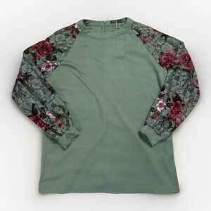 Miholl Womens Green Top Sheer Lace Sleeves Size L Roses Fairycore Romantic